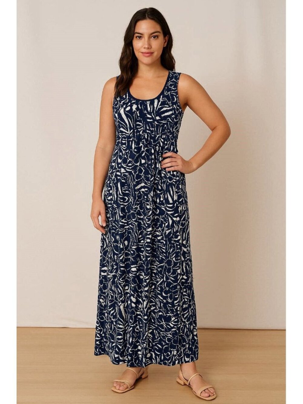 Eddie Bauer Sz M Cool Cotton Maxi Dress Beachy Blue Geo Print Empire High Waist